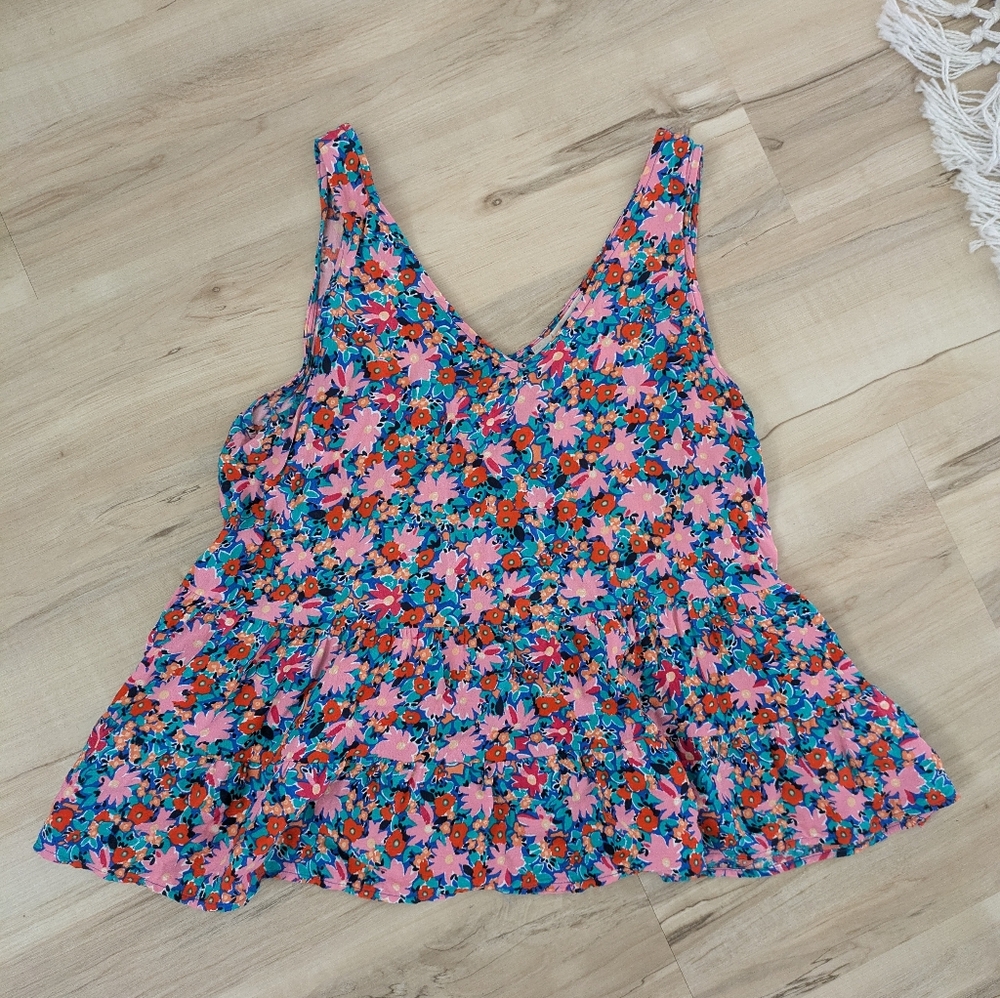 bright blue & pink floral peplum style LOFT top medium